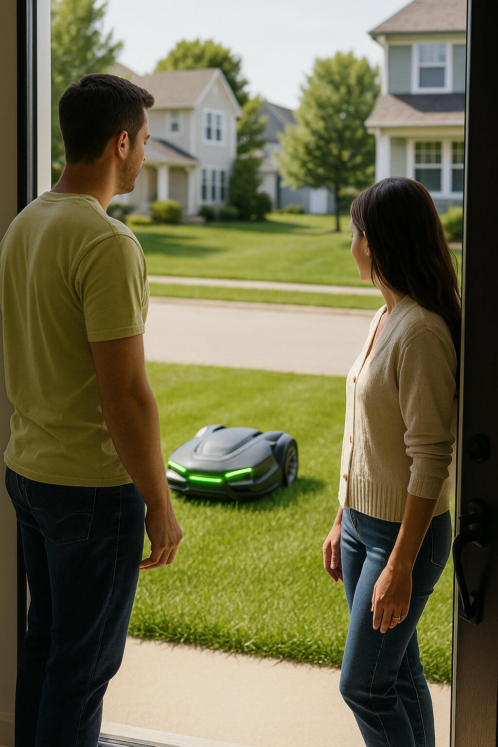 People watching robot mower Homeowners watching robot mower from front door