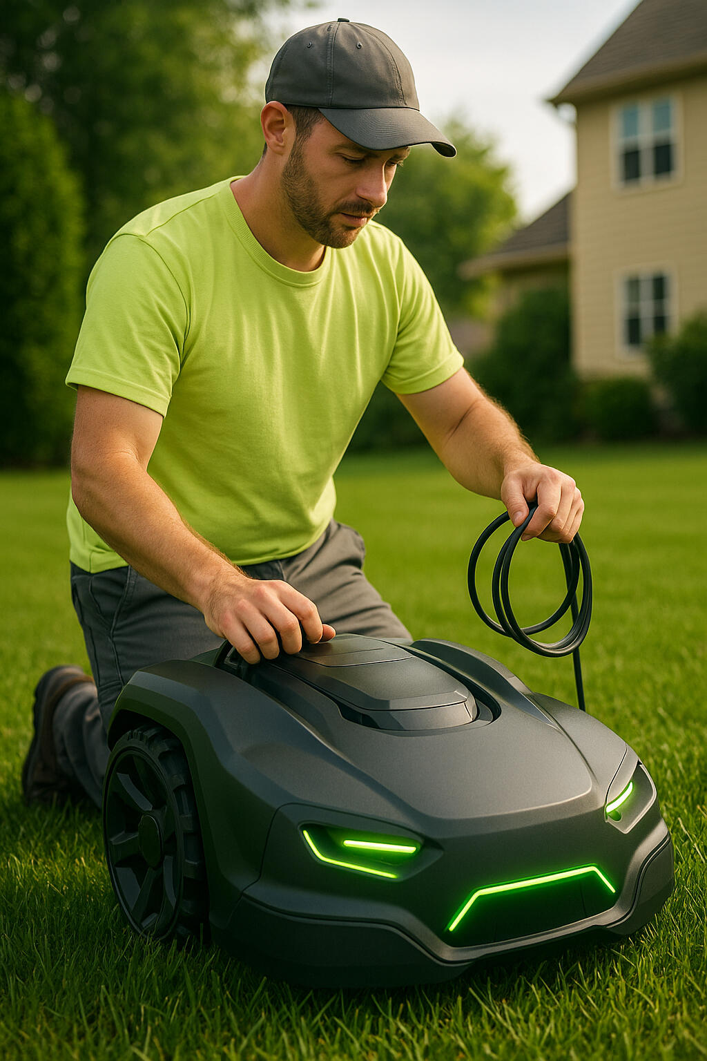 Romow technician guiding mower during setup