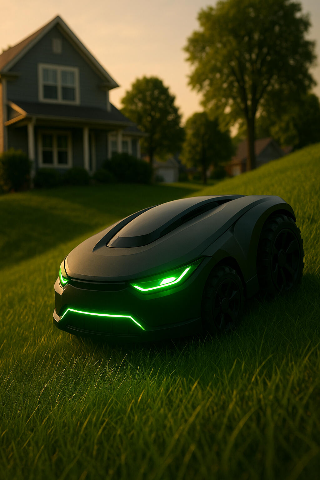 Futuristic robot mower cutting a Minnesota lawn